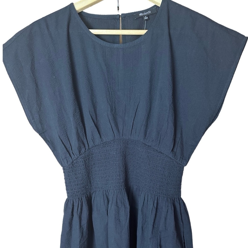 Madewell Smocked Waist Midi Dress Stripe Seersucker Linen Blend Black XS NWT - Picture 7 of 13